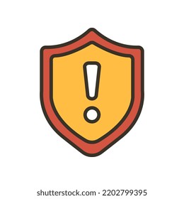 Danger Warning Error Alert Sign in badge style, Security shield exclamation mark for website, logo, app, UI. Guard, attention, warning icon Vector illustration filled outline style. EPS10