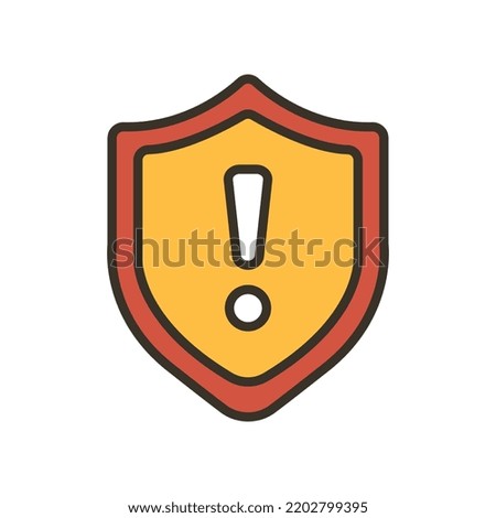 Danger Warning Error Alert Sign in badge style, Security shield exclamation mark for website, logo, app, UI. Guard, attention, warning icon Vector illustration filled outline style. EPS10