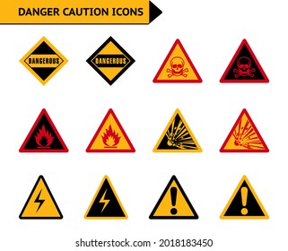 Danger warning fire caution vector icon set in red, yellow and black color on white background