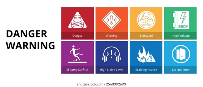 Danger Warning Glyph Solid Banner Web Icon Set Vector Illustration
