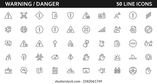 Danger or Warning icon set. Alert, exclamation mark, error, hazard, alarm, risk, warning sign and more. Editable Stroke.