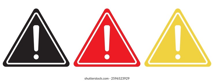 Danger warning icon set. Alert triangle warn sign in black, yellow, and red colors. Exclamation sign