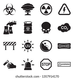 Danger And Warning Icons. Black Flat Design. Vector Illustration.