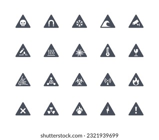 Danger and warning icons black set. Graphic element for website. Heat and cold, radiation. Camera and wave, chemical reagent. Linear flat vector collection isolated on white background