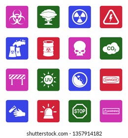Danger And Warning Icons. White Flat Design In Square. Vector Illustration.