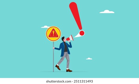 mensagem de aviso de perigo, atenção de emergência, mensagem importante no alto-falante, mensagem de alerta de perigo como um sinal de aviso, empresário gritando em megafone com ponto de exclamação