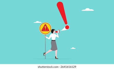 danger warning message, emergency attention, important message on loud speaker, danger alert message as a warning sign, business woman shouting on megaphone with exclamation point