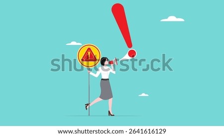 danger warning message, emergency attention, important message on loud speaker, danger alert message as a warning sign, business woman shouting on megaphone with exclamation point