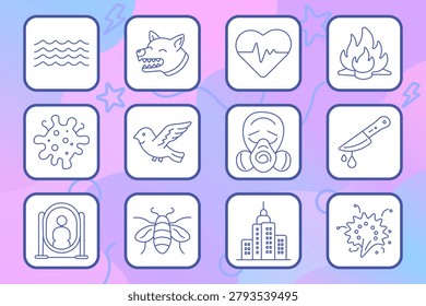 Danger warning set icon. Linear icons with waves, aggressive dog head, heart pulse, fire flame, virus shape, bird, gas mask, bloody knife, mirror reflection, insect, city building, explosion mark.