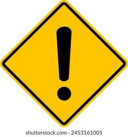 Danger warning sign with exclamation mark. Yellow diamond shaped warning road sign. Diamond road sign. Rhombus road sign. Danger zone.