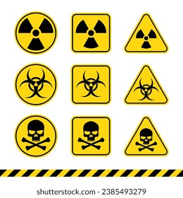 Señales de advertencia de peligro. Símbolos de advertencia de peligro. ionización de la radiación, precaución de los peligros biológicos y signos de zona de peligro.