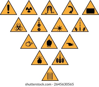 sinais de aviso de perigo Perigo, conjunto de ícones de sinais de aviso. Veneno, tóxico, sinal de cuidado bioperigoso. Crânio, perigo químico elemento símbolo do triângulo amarelo. Ilustração vetorial TRIÂNGULO SINAIS DE ADVERTÊNCIA DEFINIR SÍMBOLO 