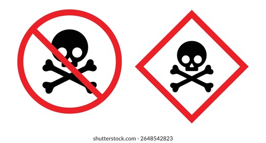 Danger warning symbols showcase toxicity and potential harm, alerting to hazardous materials and the need for caution with skull and crossbones.