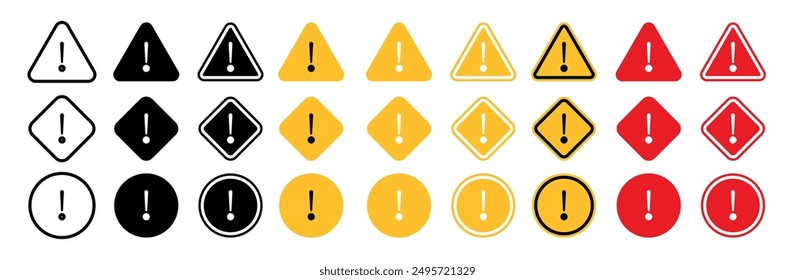 Conjunto de signos de advertencia de peligro. signo de alerta de precaución con signo de exclamación. símbolo de atención. icono de advertencia de problema en colores negro, rojo y amarillo.