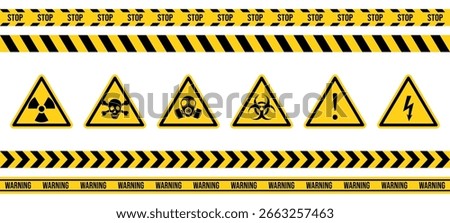 Danger warning yellow sign. Radiation sign, Gas mask, Toxic sign and Bio hazard. Warning label, warning tape, hazard sign vector. Vector icon isolated on white background