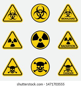 Danger warning yellow sign.Radiation sign, Toxic sign and Bio hazard.