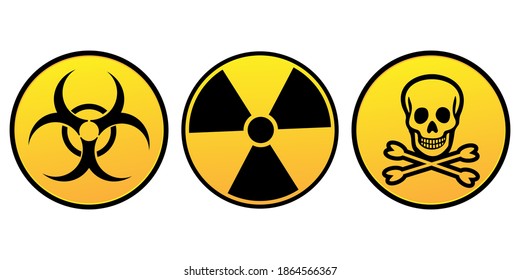 Danger warning yellow signs. Radiation sign, Toxic sign and Biohazard. Vector icons isolated on white background.