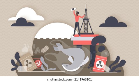 Danger waste garbage of ocean or sea water, ecological disaster. Tiny man throwing plastic trash in polluted ecosystem with floating containers 3d flat vector illustration. Ecology protection concept
