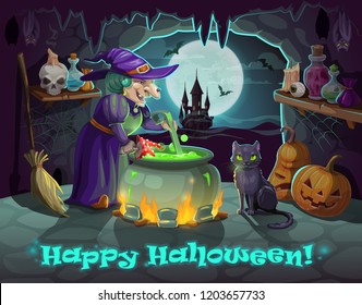 Danger witch with back cat brewing amanita mushroom potion in cauldron pot. Vector cartoon Happy Halloween, Trick or Treat night pumpkin skull, bats and haunted castle