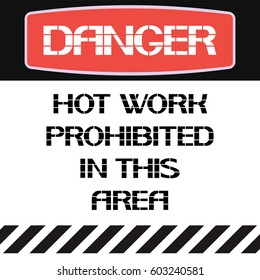 Danger.Hot work prohibited in this area.
A warning text poster that recommends actions of a certain nature.