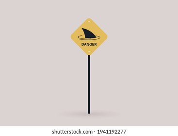 A danger yellow sign, shark attack risk, an isolated signpost on a plain background