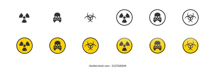 Danger yellow signs. Radiation, biohazard, death, toxic set icon in different styles. Vector isolated illustration