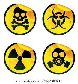 Danger yellow stickers set. Radiation warning sign, biohazard warning sign, gas mask warning sign, toxic warning sign. Vector illustration