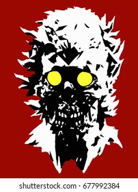 Danger zombie head with a torn face. Vector illustration. Angry character face for halloween. The horror genre.