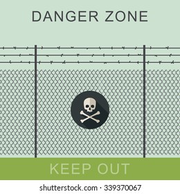 Danger zone with fence and sign of the skull bones.
