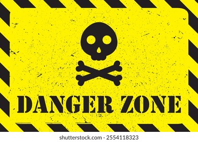 Danger zone grunge background, black skull with bones, yellow and black banner template. vector illustration