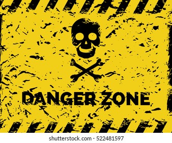 Danger zone grunge background with skull bones cross and danger tapes vector