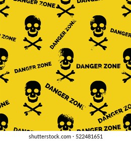 Danger Zone Seamless Pattern. Grunge Skull Crossbones Background Vector