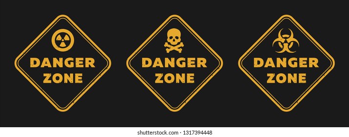 Danger zone signs, radiation, toxicity and mortal danger.
