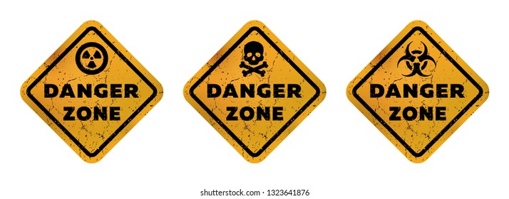 Danger zone signs, radiation, toxicity and mortal danger.