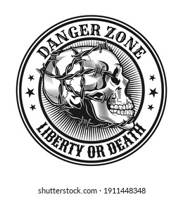 Danger zone stamp design. Monochrome element with skull and barbed wire vector illustration with text. Keeping distance or defense concept for emblems and labels templates