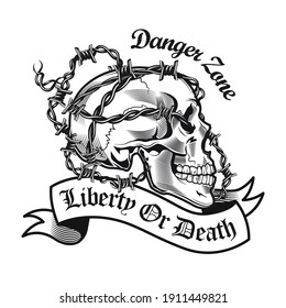 Danger zone symbol design. Monochrome element with skull and barbed wire vector illustration with text. Keeping distance or defense concept for emblems and labels templates
