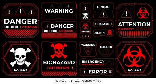 Danger zone warning frame with futuristic HUD elements for print and web design. Vector illustration featuring red caution borders, attention signs, and alert messages. Hazardous areas, security alert