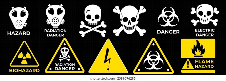 Danger zone warning frame with futuristic HUD elements for print and web design. Vector illustration featuring red caution borders, attention signs, and alert messages. Hazardous areas, security alert