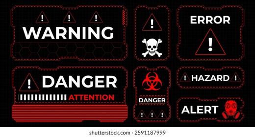Danger zone warning frame with futuristic HUD elements for print and web design. Vector illustration featuring red caution borders, attention signs and alert messages