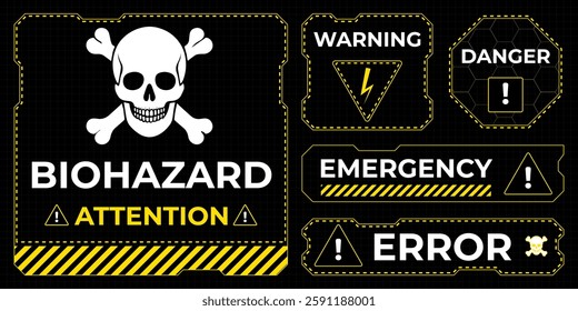 Danger zone warning frame with futuristic HUD elements for print and web design. Vector illustration featuring red caution borders, attention signs and alert messages