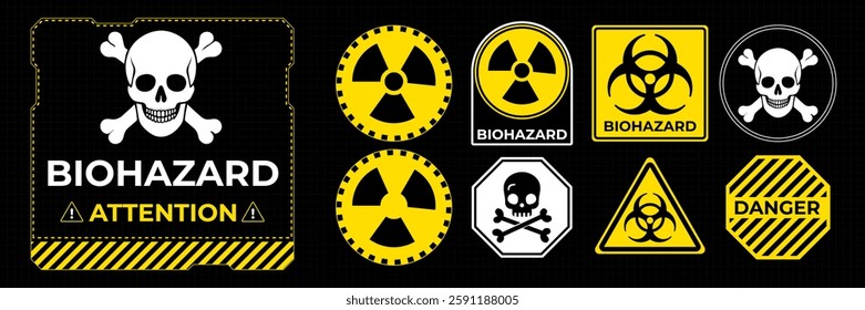 Danger zone warning frame with futuristic HUD elements for print and web design. Vector illustration featuring red caution borders, attention signs and alert messages