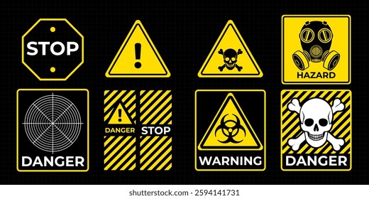 Danger zone warning frame with futuristic HUD elements for print and web design. Vector illustration featuring red caution borders, attention signs and alert messages