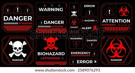 Danger zone warning frame with futuristic HUD elements for print and web design. Vector illustration featuring red caution borders, attention signs, and alert messages. Hazardous areas, security alert