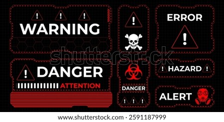 Danger zone warning frame with futuristic HUD elements for print and web design. Vector illustration featuring red caution borders, attention signs and alert messages