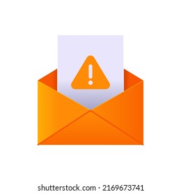 Dangerous 3d email orange envelope with attached file with warning exclamation mark vector illustration