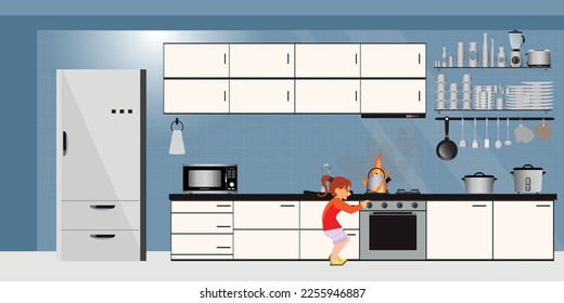 Peligroso accidente con un niño jugando en la cocina de casa. Niño travieso con olla caliente sobre cocina de gas y comida para cocinar. Peligro, curiosidad, descuido del concepto de niños, ilustración vectorial.