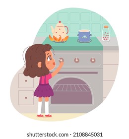 Dangerous accident with naughty kid in home kitchen vector illustration. Cartoon cute child playing with hot pot on gas stove and cooking food. Danger, curiosity, carelessness of children concept