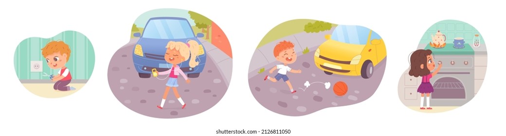 Dangerous accidents with kids set vector illustration. Cartoon naughty child playing with electric socket, danger of distracted road crossing and running after ball in front of car for children