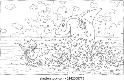 Dangerous adventure of a funny intrepid diver with a mask and a snorkel swimming in a tropical sea near a curious great white shark, black and white outline vector cartoon for a coloring book page