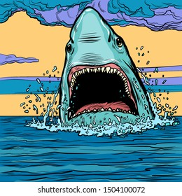 Dangerous aggressive shark in the ocean. Marine animal. Pop art retro vector illustration drawing